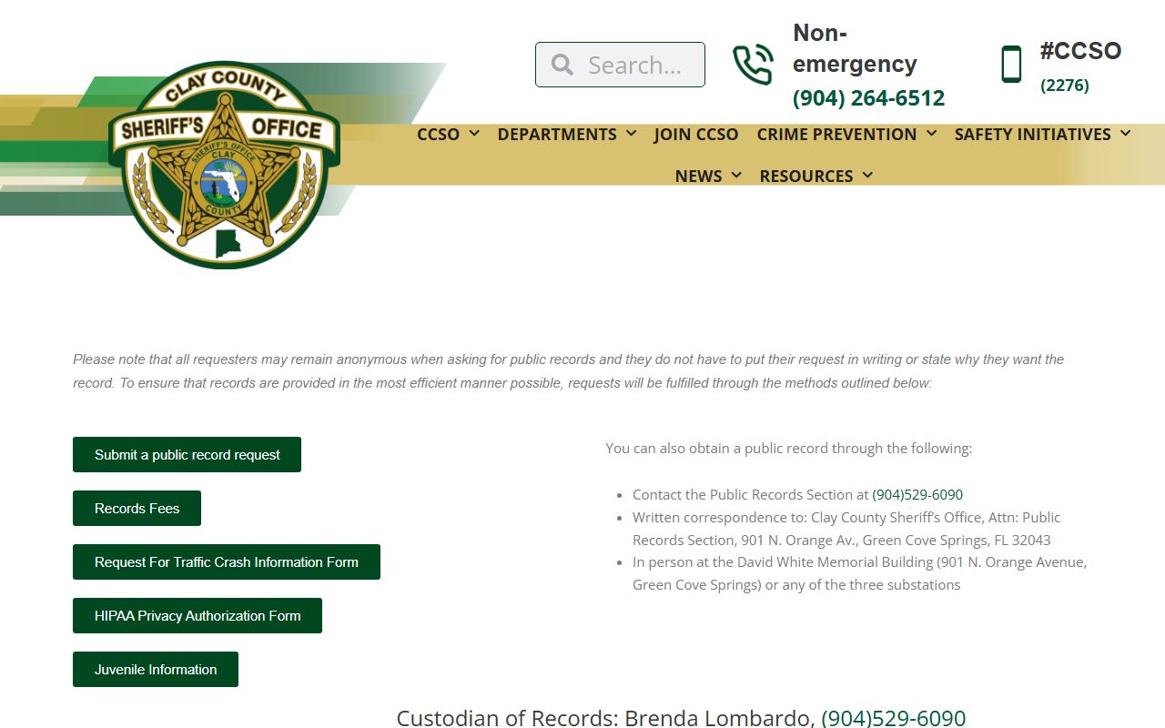 Clay County Sheriff's Office public records page