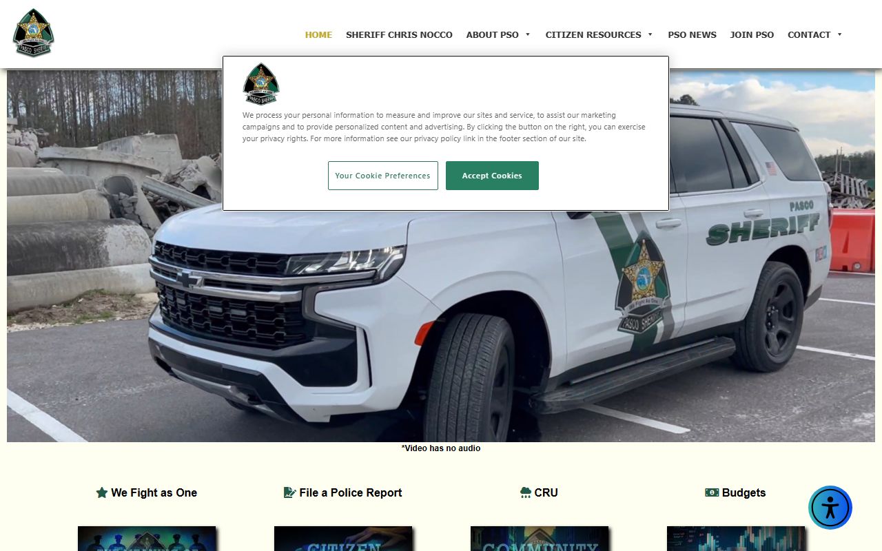 Pasco County Sheriff's Office homepage showing police blotter resources
