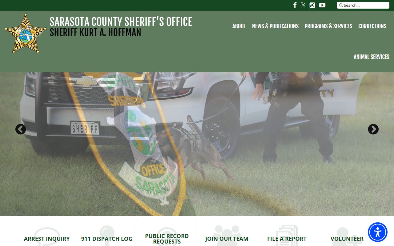 Sarasota County Sheriff's Office homepage with police blotter search tools