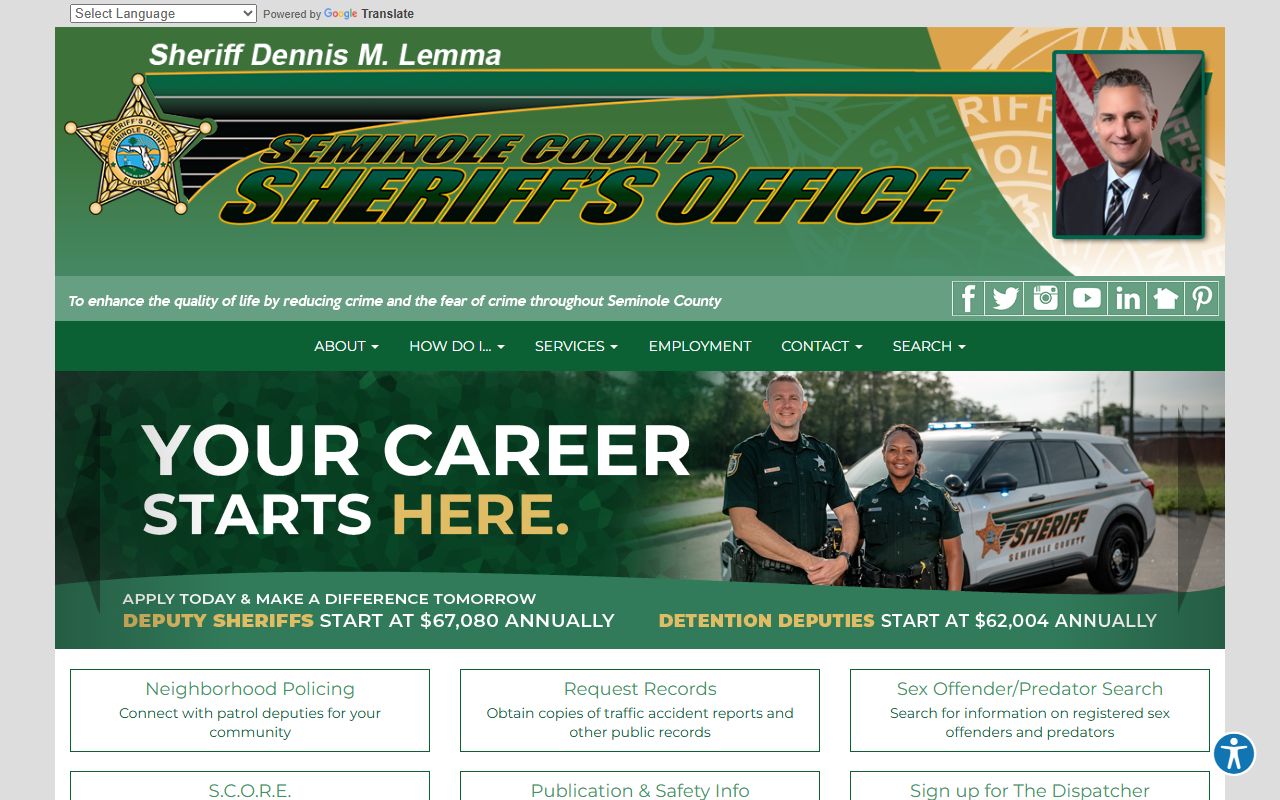 Seminole County Sheriff's Office homepage with police blotter search databases