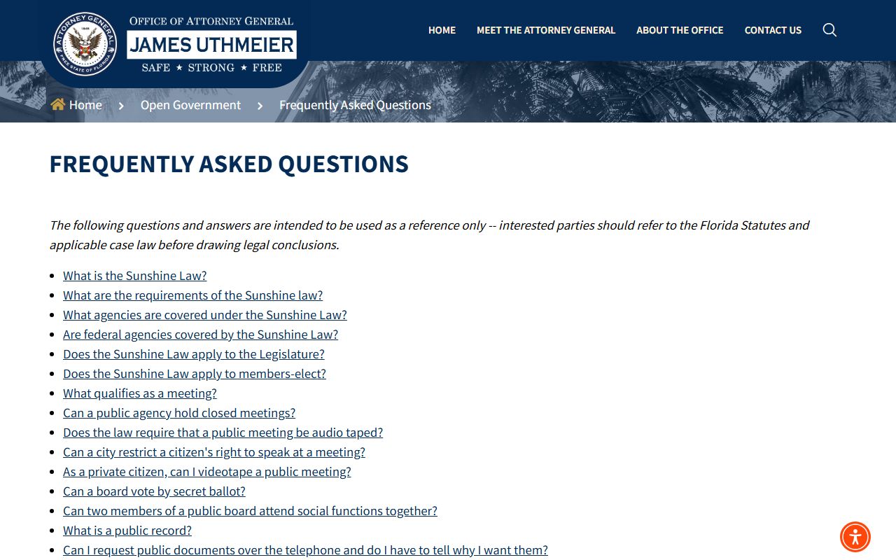 Florida Attorney General's Office FAQ page on public records