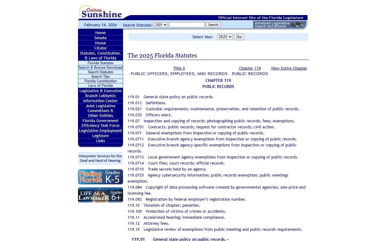 Florida Chapter 119 public records statutes webpage