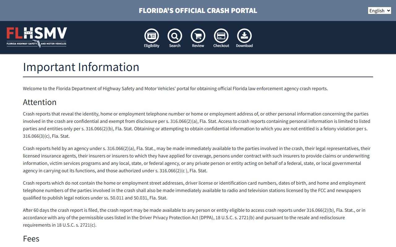 Florida Crash Report Purchasing Portal interface